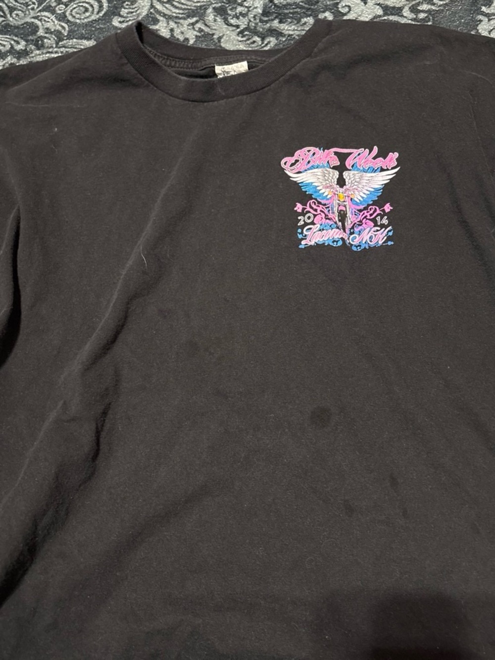 Black Graphic Crewneck Shirt with Pink & Blue Motorcycle Design